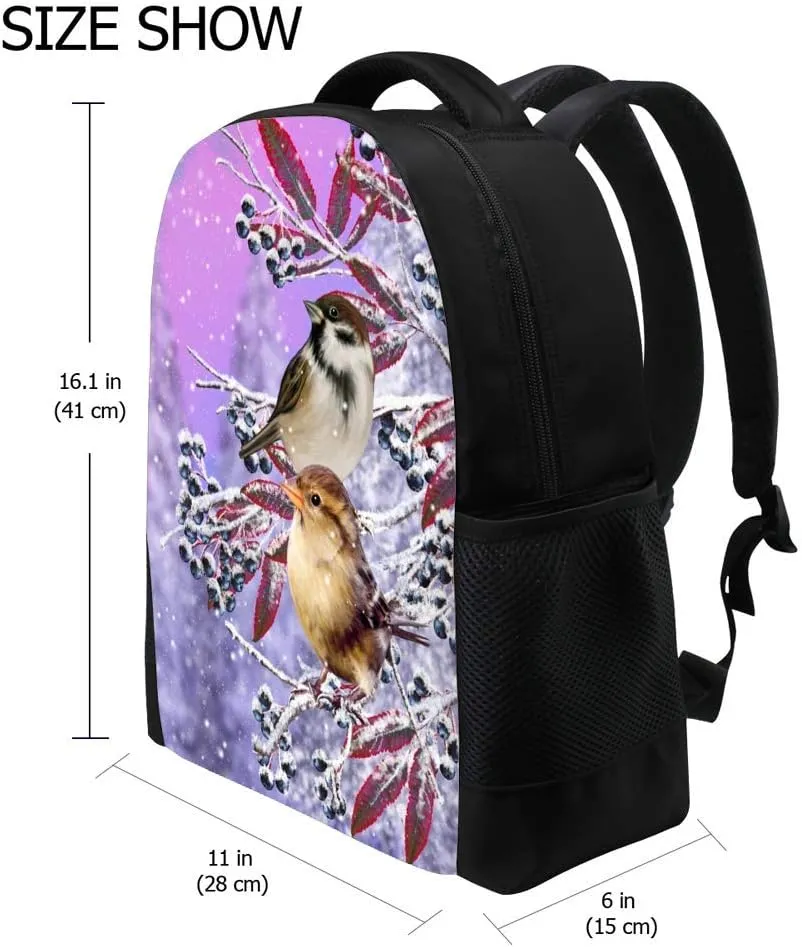 Kuizee Classic Backpack Schoolbag Adjustable Padded Shoulder Straps Daypack Sparrow Bird Purple Icy Branch Casual Bags Durable College Daily 16Inch