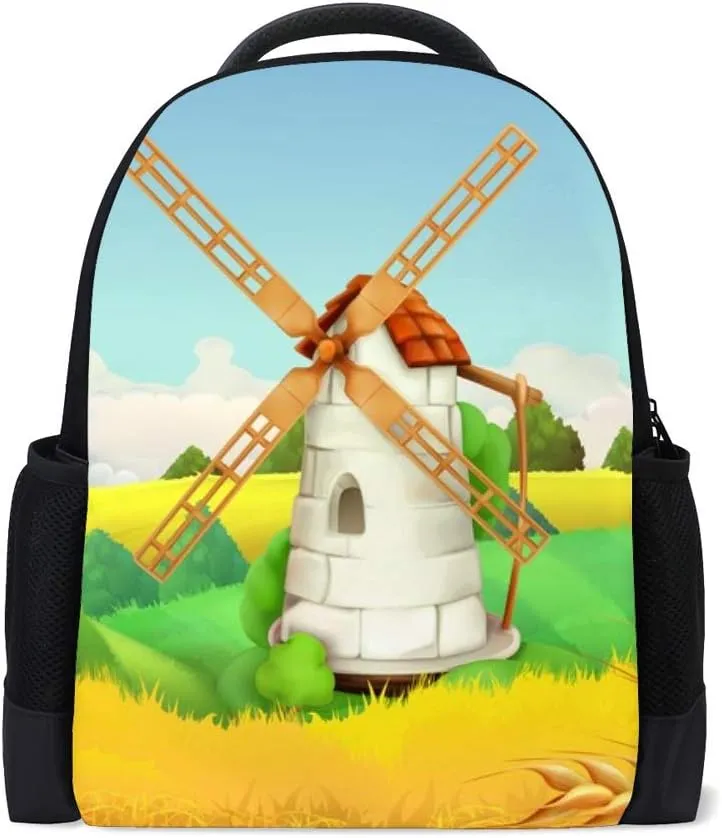 Kuizee Classic Backpack Schoolbag Adjustable Padded Shoulder Straps Daypack ﻿Wheat Field Windmill Landscape Yellow Rural Casual Bags Durable College Daily 16Inch