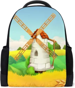 Kuizee Classic Backpack Schoolbag Adjustable Padded Shoulder Straps Daypack ﻿Wheat Field Windmill Landscape Yellow Rural Casual Bags Durable College Daily 16Inch