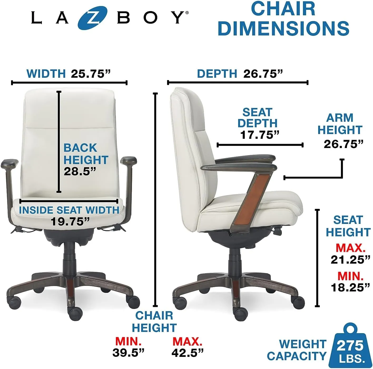 La-Z-Boy Dawson Modern Executive Office, Adjustable High Back Ergonomic Computer Chair with Lumbar Support, White Bonded Leather with Wood Inlay