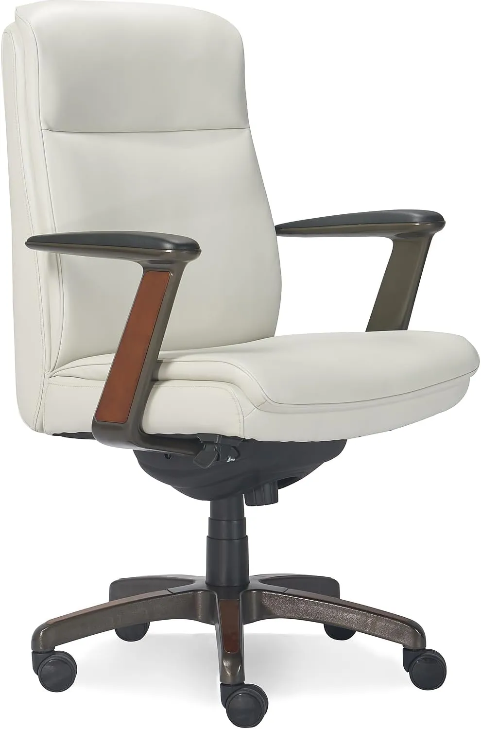 La-Z-Boy Dawson Modern Executive Office, Adjustable High Back Ergonomic Computer Chair with Lumbar Support, White Bonded Leather with Wood Inlay