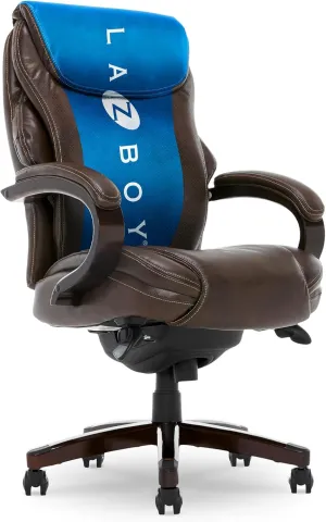 La-Z-Boy® Hyland Executive Office Chair with AIR Lumbar Technology, Adjustable High Back Ergonomic Desk Chair with Lumbar Support, Mahogany Wood Finish, Bonded Leather, Brown