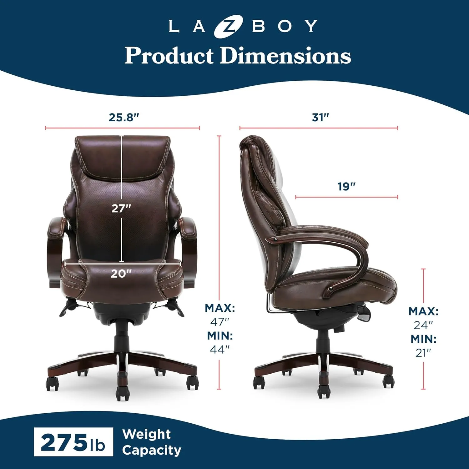La-Z-Boy® Hyland Executive Office Chair with AIR Lumbar Technology, Adjustable High Back Ergonomic Desk Chair with Lumbar Support, Mahogany Wood Finish, Bonded Leather, Brown