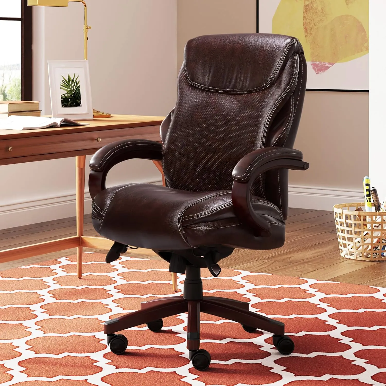 La-Z-Boy® Hyland Executive Office Chair with AIR Lumbar Technology, Adjustable High Back Ergonomic Desk Chair with Lumbar Support, Mahogany Wood Finish, Bonded Leather, Brown