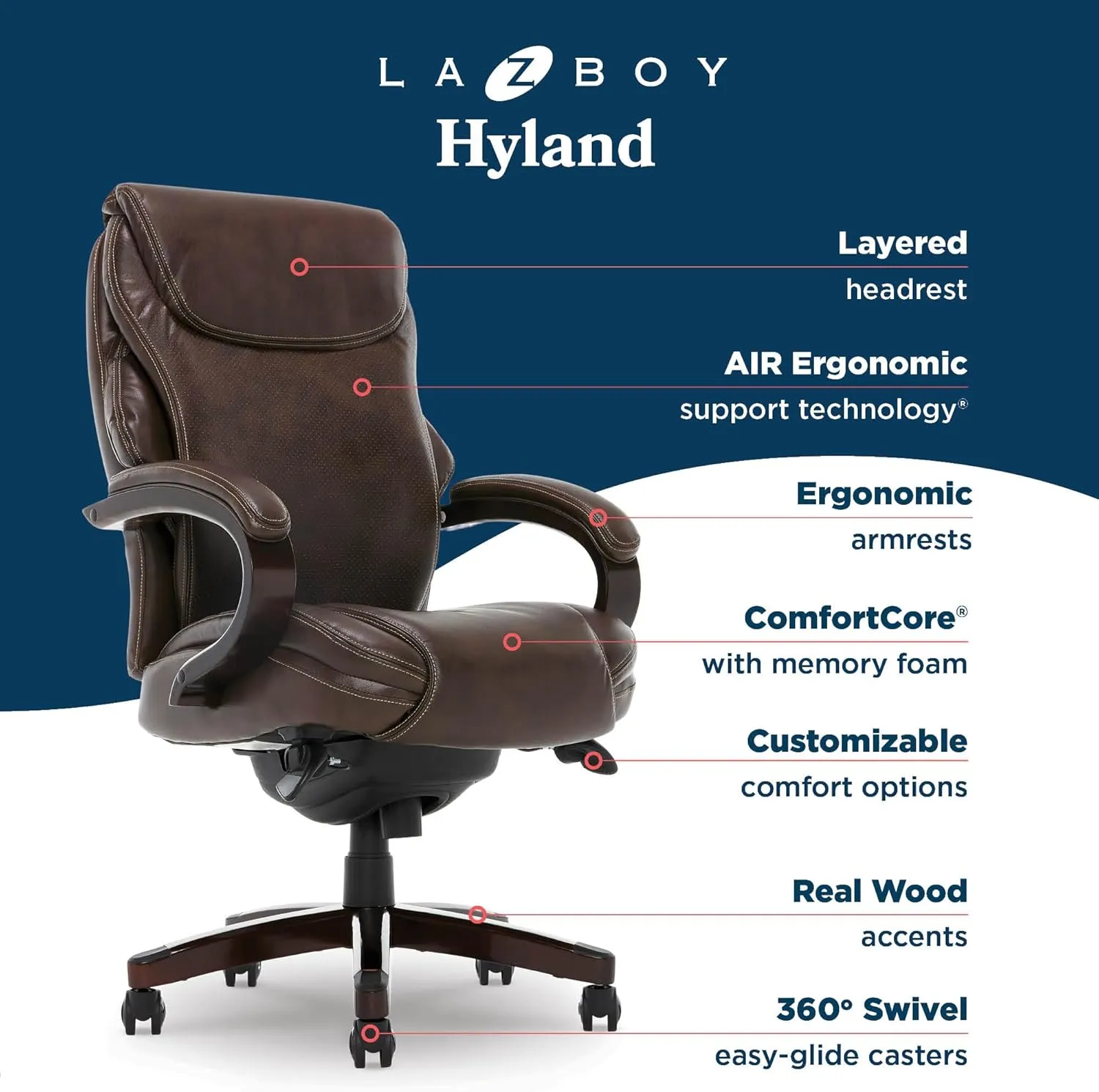 La-Z-Boy® Hyland Executive Office Chair with AIR Lumbar Technology, Adjustable High Back Ergonomic Desk Chair with Lumbar Support, Mahogany Wood Finish, Bonded Leather, Brown