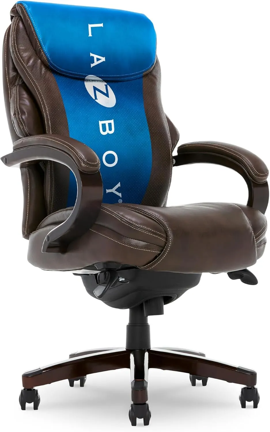 La-Z-Boy® Hyland Executive Office Chair with AIR Lumbar Technology, Adjustable High Back Ergonomic Desk Chair with Lumbar Support, Mahogany Wood Finish, Bonded Leather, Brown