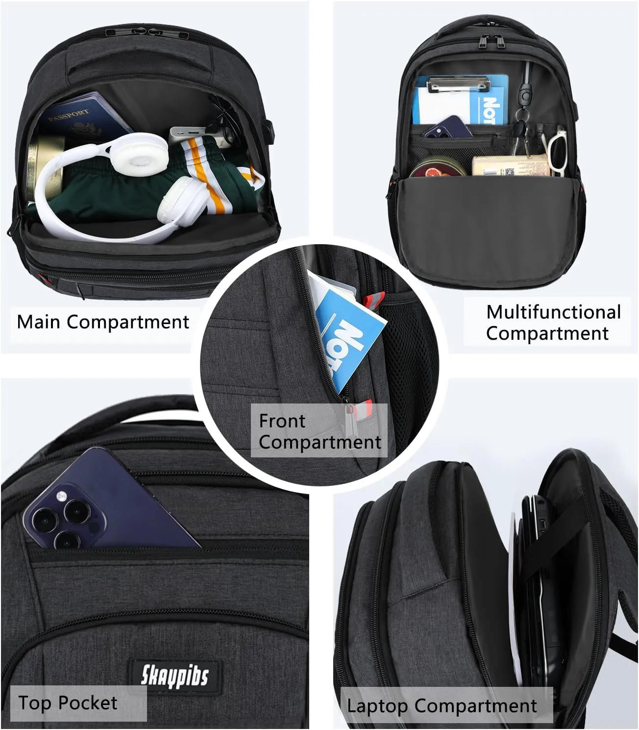 Laptop Backpack for Men,School Backpack with USB Charging Port,Water Resistant Backpack for teens boys,Business Work College bookbag,book bag Fits 15.6 Inch,Black Back Pack