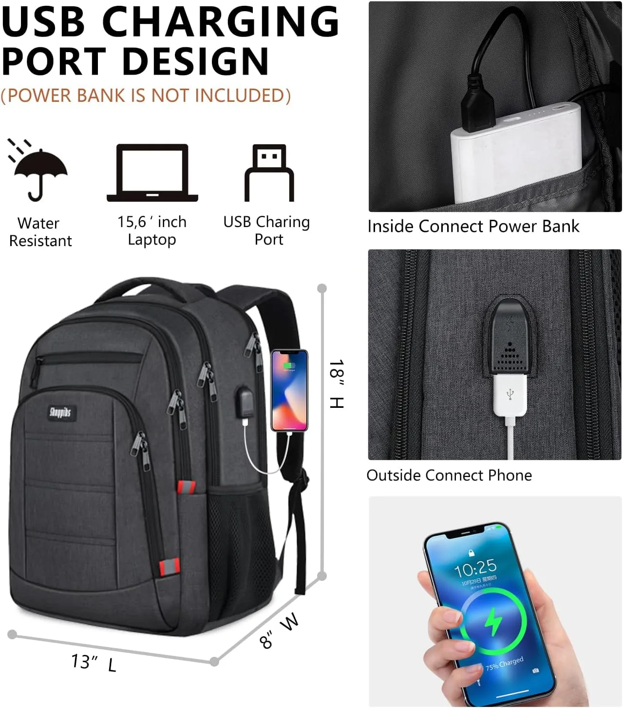 Laptop Backpack for Men,School Backpack with USB Charging Port,Water Resistant Backpack for teens boys,Business Work College bookbag,book bag Fits 15.6 Inch,Black Back Pack