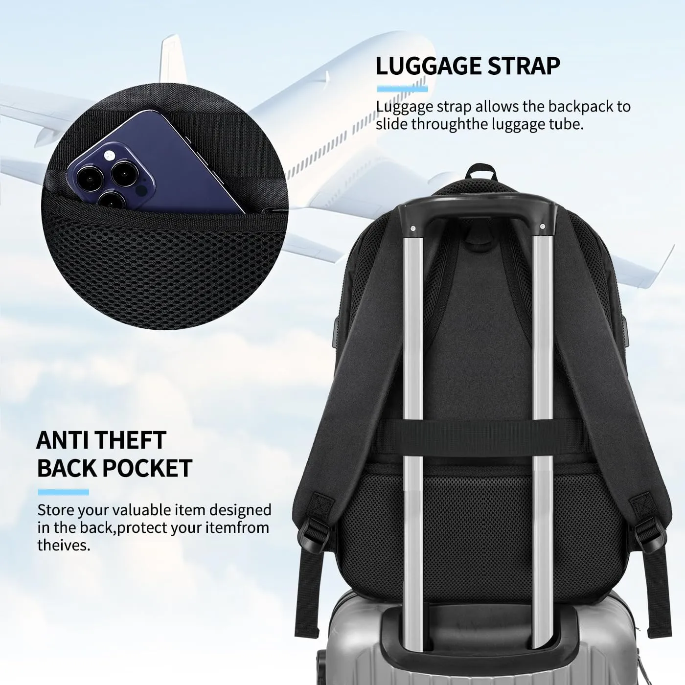 Laptop Backpack for Men,School Backpack with USB Charging Port,Water Resistant Backpack for teens boys,Business Work College bookbag,book bag Fits 15.6 Inch,Black Back Pack