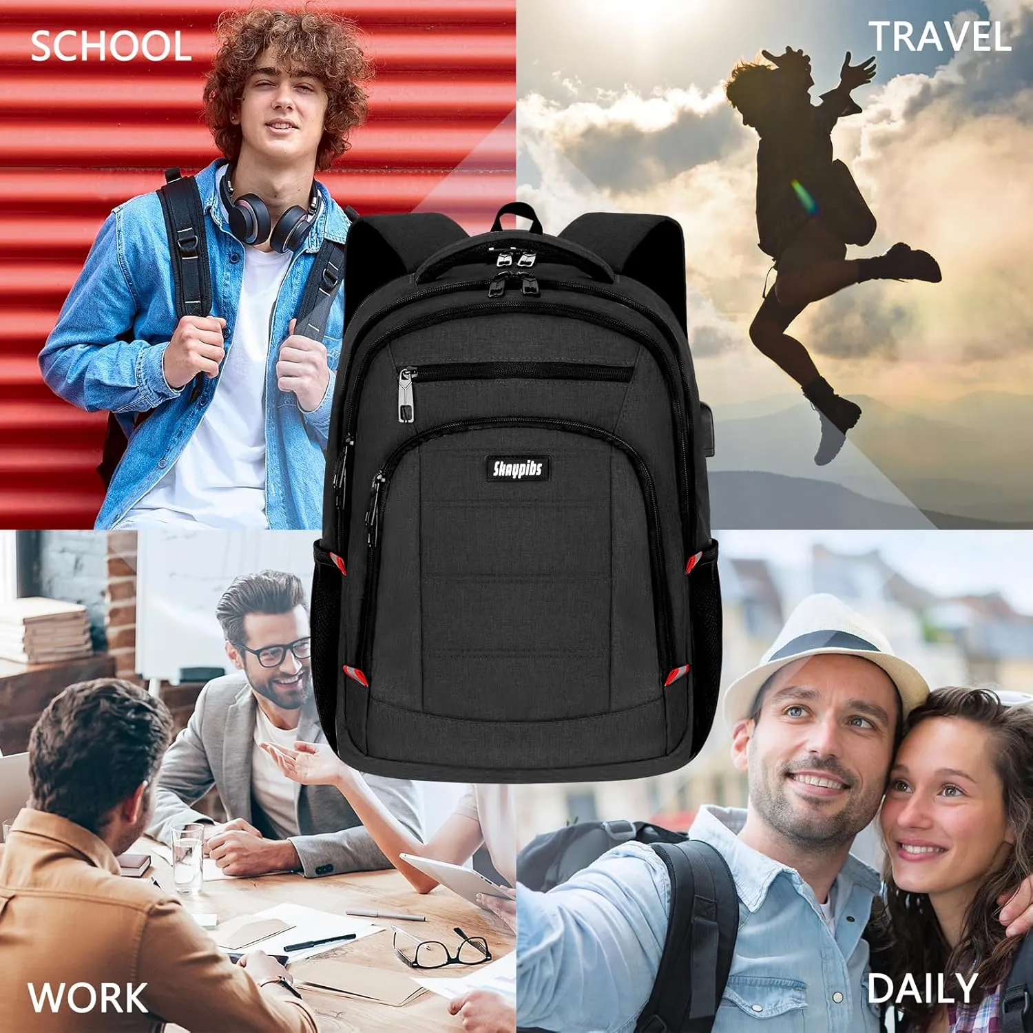 Laptop Backpack for Men,School Backpack with USB Charging Port,Water Resistant Backpack for teens boys,Business Work College bookbag,book bag Fits 15.6 Inch,Black Back Pack