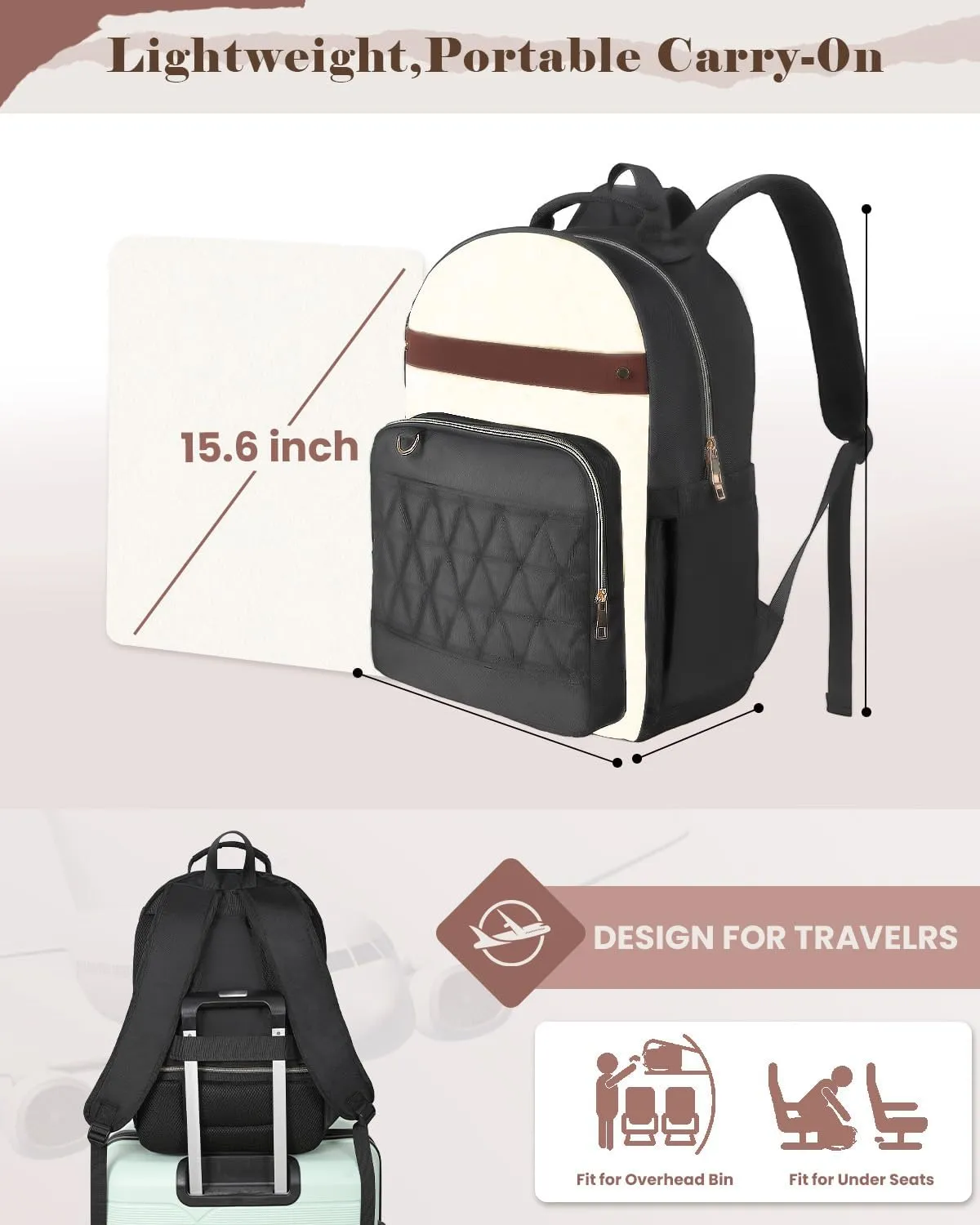 Laptop Backpack for Women, 15.6 Inch small laptop backpack ，work backpack，Travel Laptop Backpack Bag, Boys Girls School Backpack for Outdoor (Black-White-Brown)