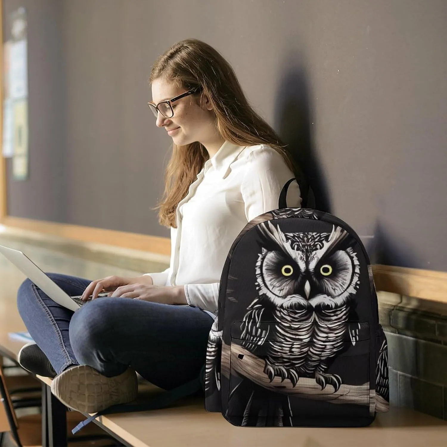 Laptop Backpack for Women Men Daypack Waterproof Late Night Owl Computer Bag Business Work Bag for Travel