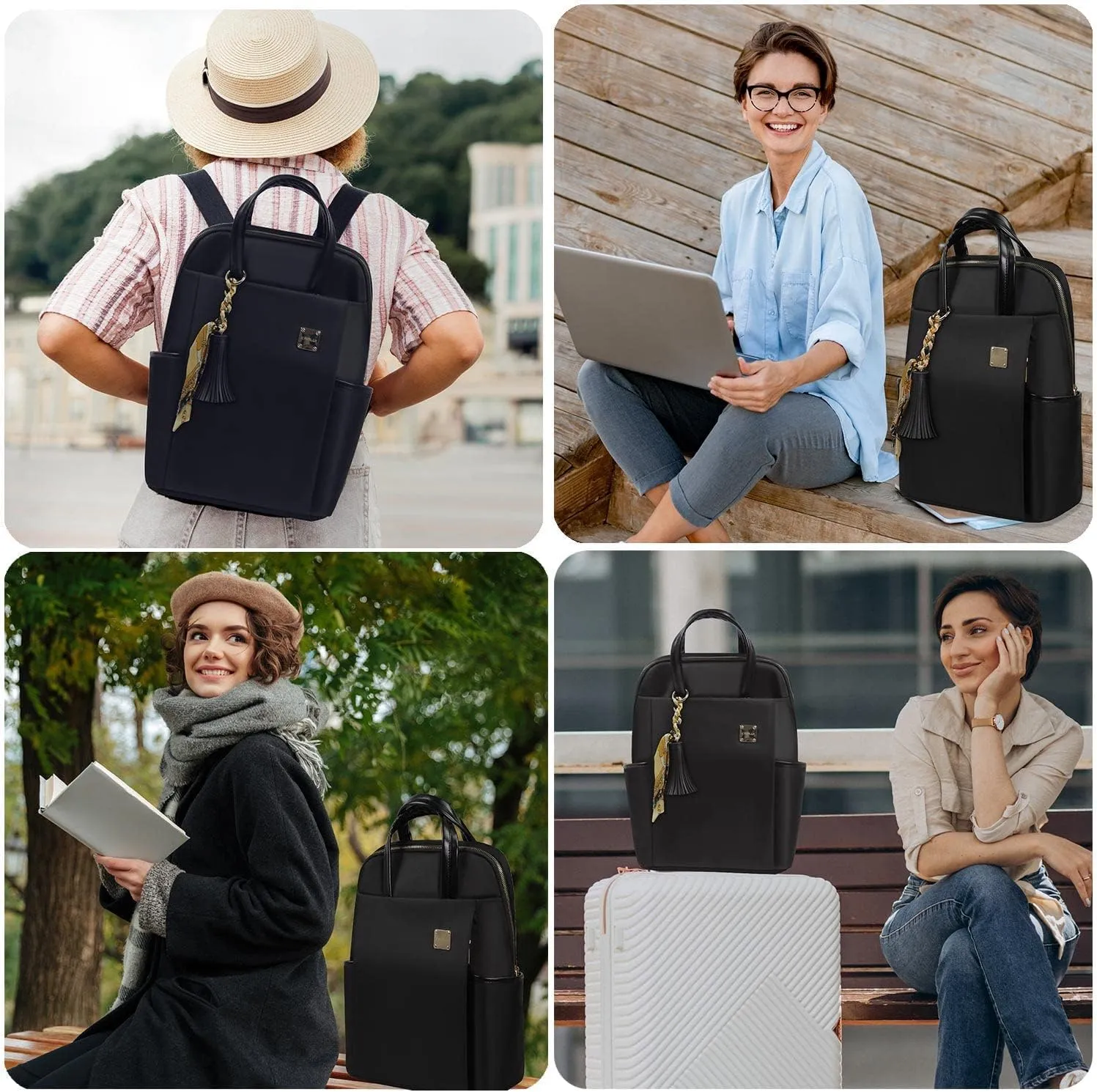 Laptop Backpack for Women Slim Travel - Laptop Bag Computer Case Fit up to 15.6-inch Notebook Lightweight Medium Size Purse for Work Bookbag Water-resistant Business Fashion Stylish Nylon Black