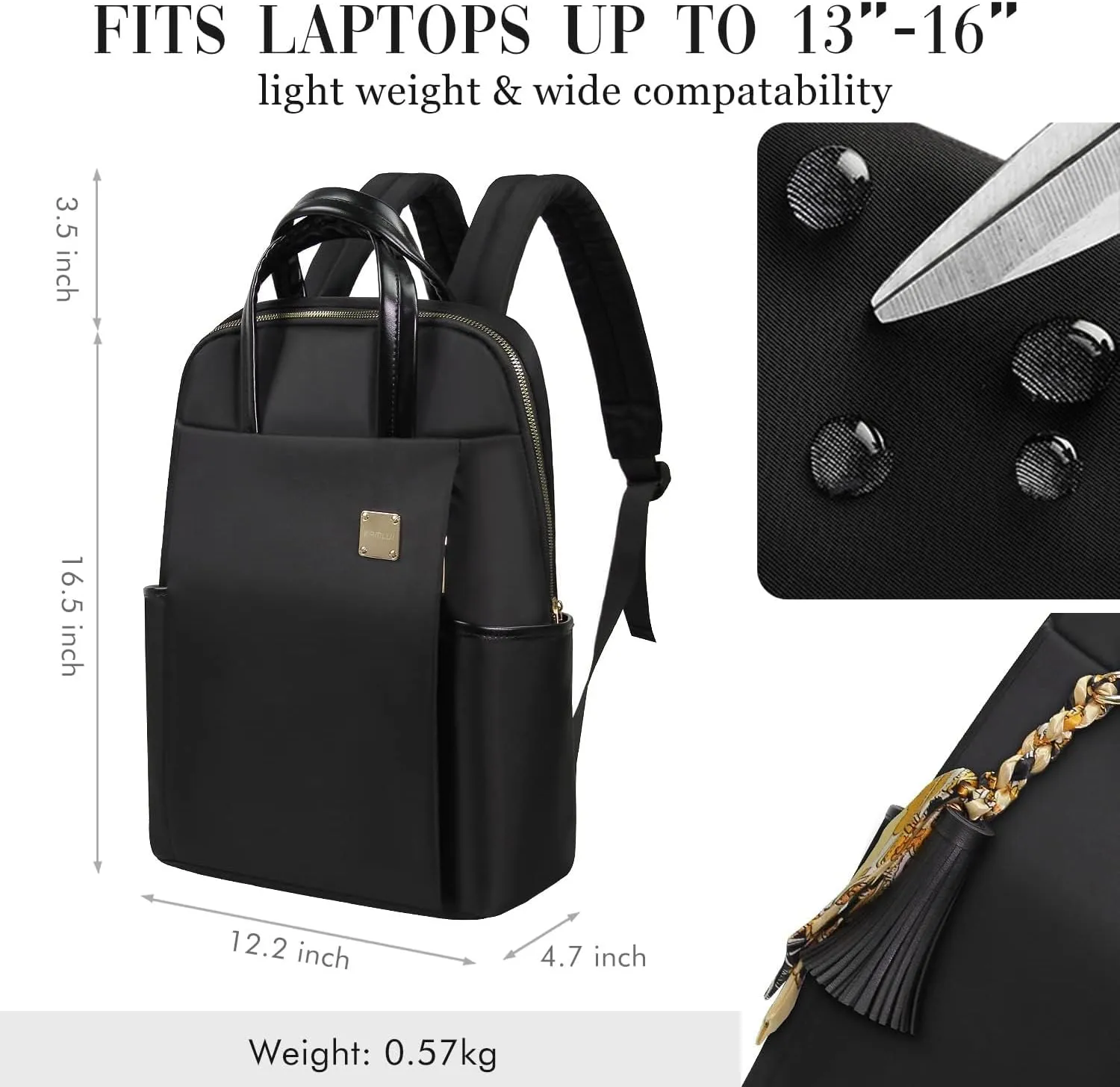Laptop Backpack for Women Slim Travel - Laptop Bag Computer Case Fit up to 15.6-inch Notebook Lightweight Medium Size Purse for Work Bookbag Water-resistant Business Fashion Stylish Nylon Black