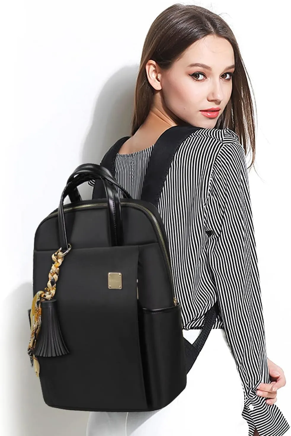 Laptop Backpack for Women Slim Travel - Laptop Bag Computer Case Fit up to 15.6-inch Notebook Lightweight Medium Size Purse for Work Bookbag Water-resistant Business Fashion Stylish Nylon Black