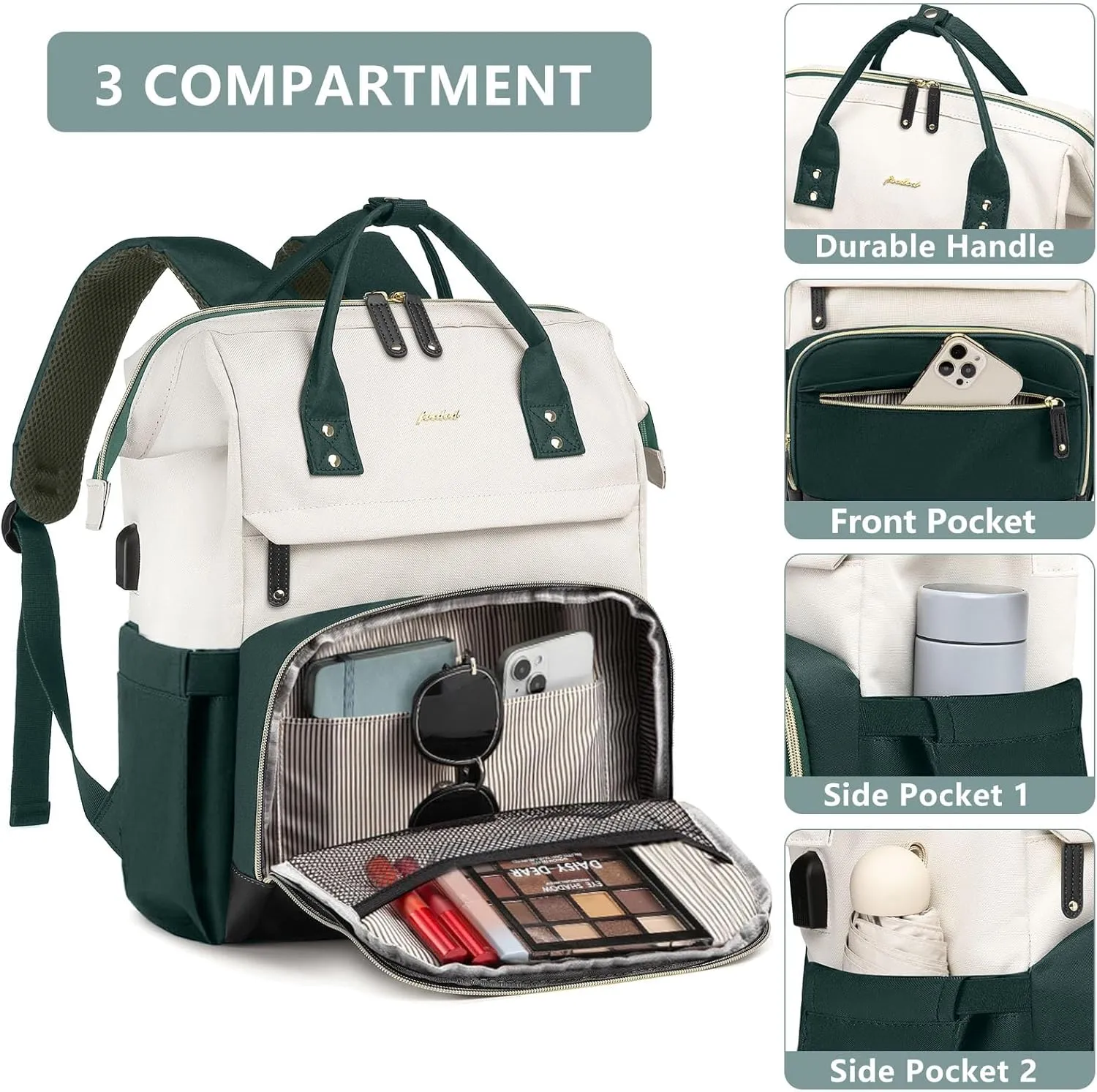 Laptop Backpack Women Work Bag: 15.6 inch Work Bookbag with USB Charging Port Large Travel Backpack Purse for College Nurse Casual Daypack for Teacher Professional Computer Backpack Beige Dark Green