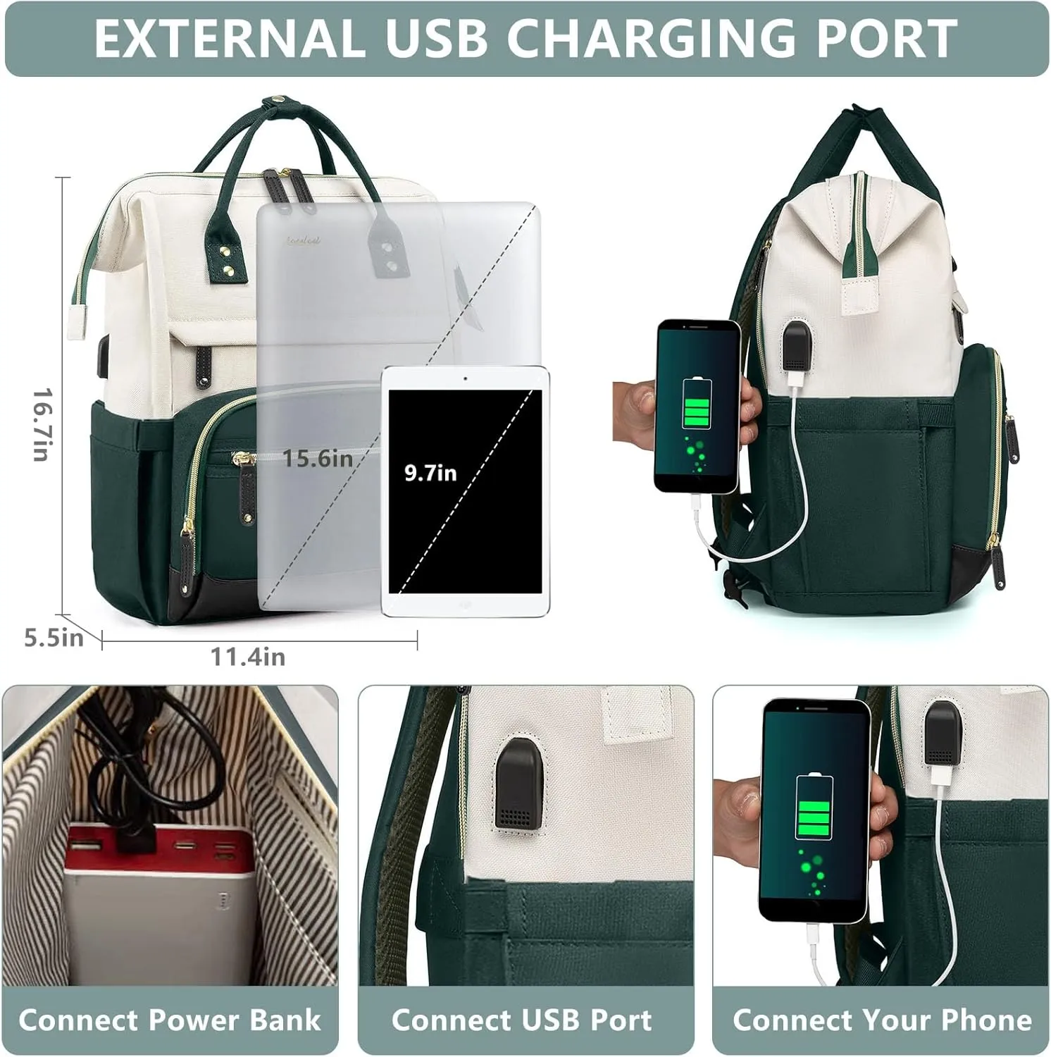 Laptop Backpack Women Work Bag: 15.6 inch Work Bookbag with USB Charging Port Large Travel Backpack Purse for College Nurse Casual Daypack for Teacher Professional Computer Backpack Beige Dark Green