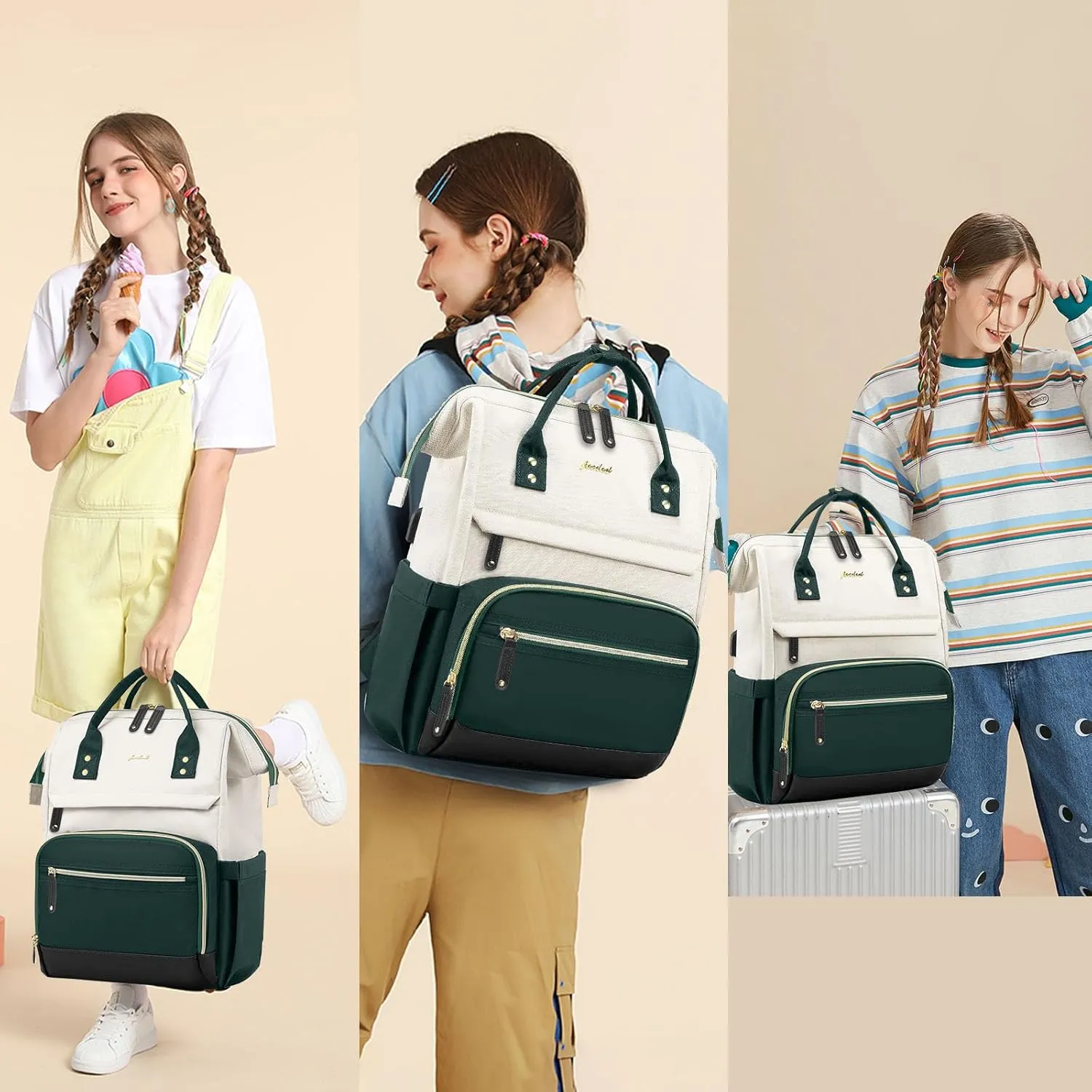 Laptop Backpack Women Work Bag: 15.6 inch Work Bookbag with USB Charging Port Large Travel Backpack Purse for College Nurse Casual Daypack for Teacher Professional Computer Backpack Beige Dark Green