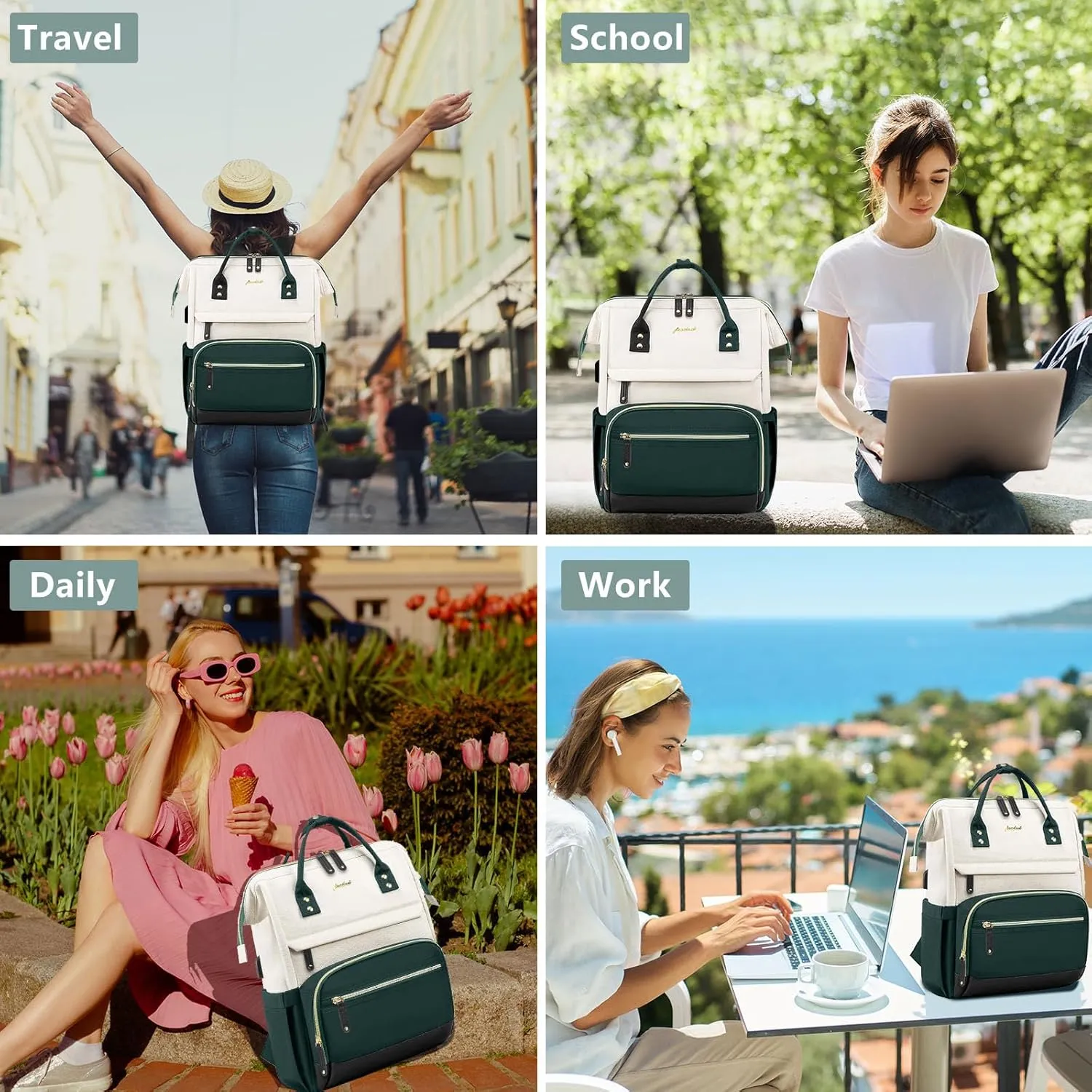 Laptop Backpack Women Work Bag: 15.6 inch Work Bookbag with USB Charging Port Large Travel Backpack Purse for College Nurse Casual Daypack for Teacher Professional Computer Backpack Beige Dark Green