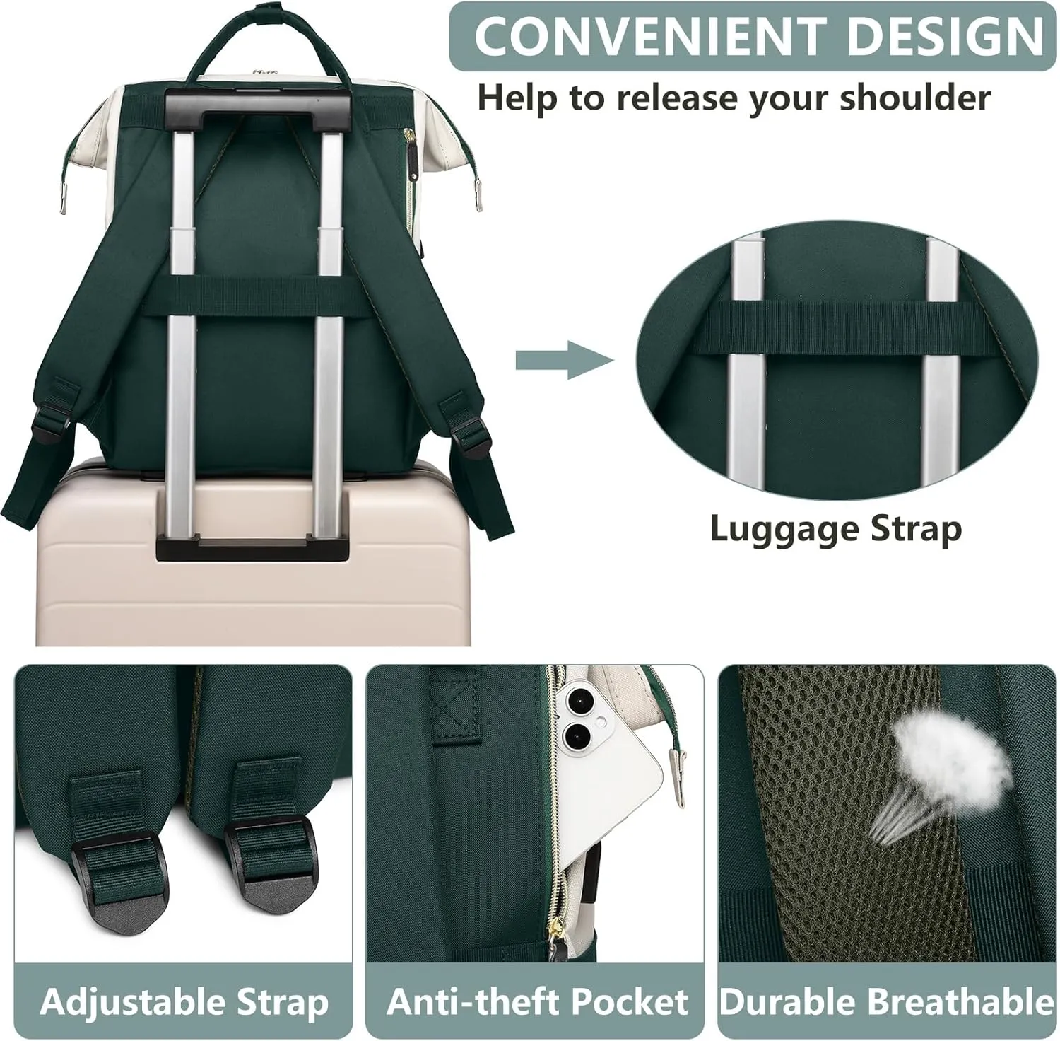 Laptop Backpack Women Work Bag: 15.6 inch Work Bookbag with USB Charging Port Large Travel Backpack Purse for College Nurse Casual Daypack for Teacher Professional Computer Backpack Beige Dark Green