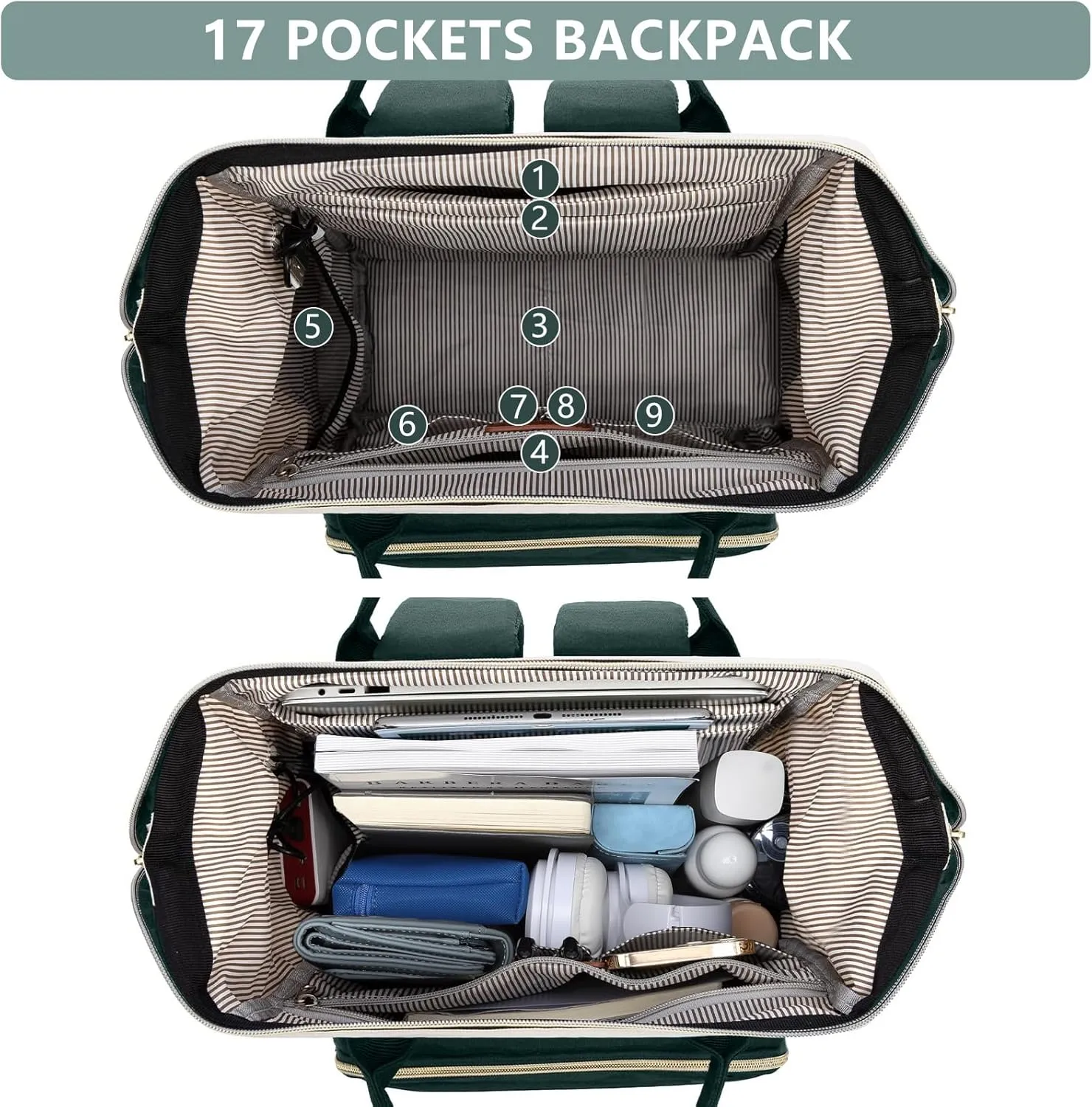 Laptop Backpack Women Work Bag: 15.6 inch Work Bookbag with USB Charging Port Large Travel Backpack Purse for College Nurse Casual Daypack for Teacher Professional Computer Backpack Beige Dark Green