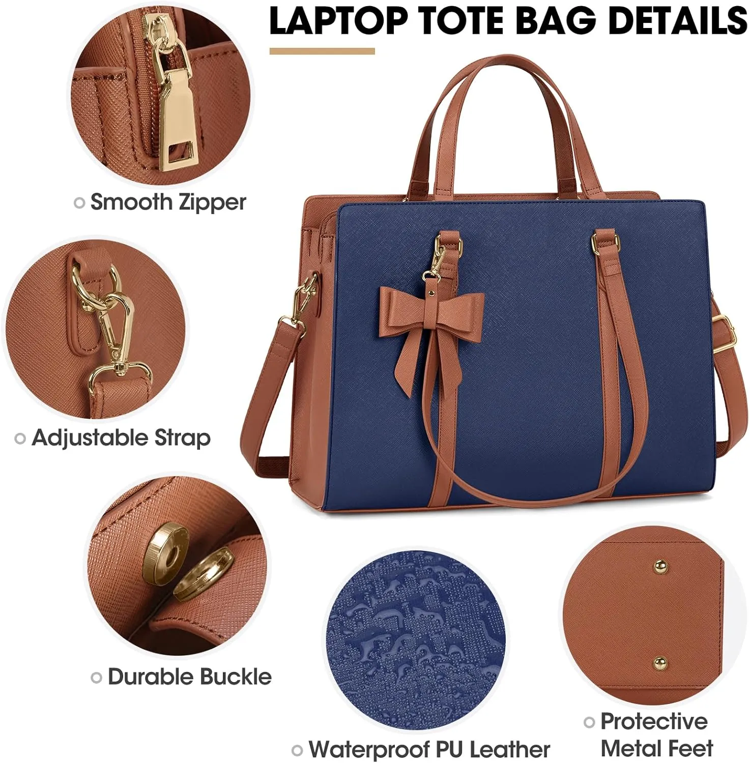 Laptop Bag for Women 15.6 inch Laptop Tote Bag Waterproof Leather Computer Bag Large Lightweight Briefcase Professional Business Office Work Bag, Blue Brown