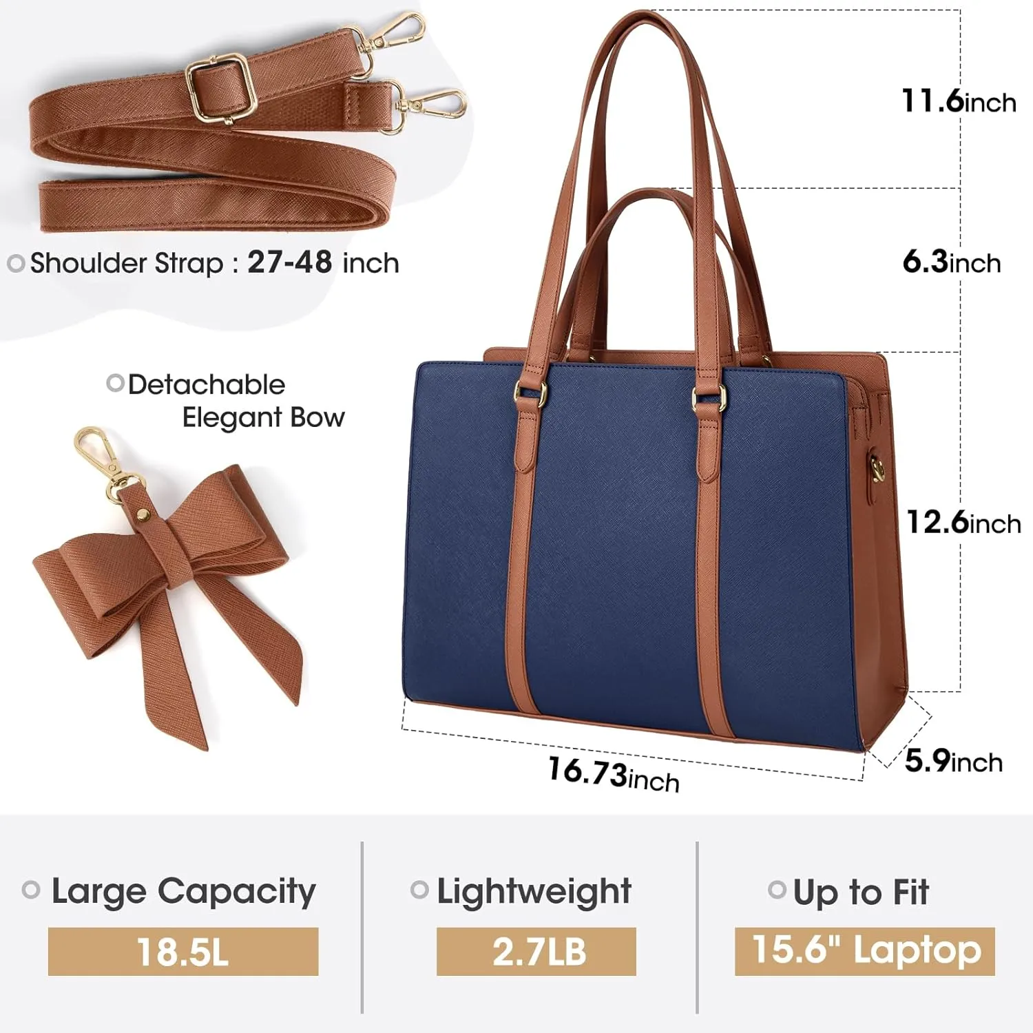 Laptop Bag for Women 15.6 inch Laptop Tote Bag Waterproof Leather Computer Bag Large Lightweight Briefcase Professional Business Office Work Bag, Blue Brown