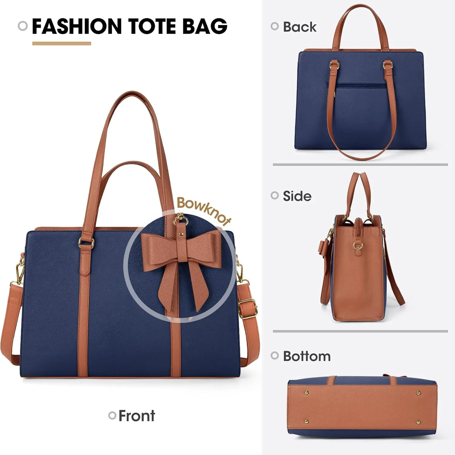 Laptop Bag for Women 15.6 inch Laptop Tote Bag Waterproof Leather Computer Bag Large Lightweight Briefcase Professional Business Office Work Bag, Blue Brown