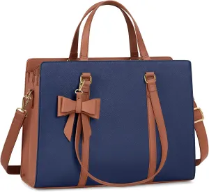 Laptop Bag for Women 15.6 inch Laptop Tote Bag Waterproof Leather Computer Bag Large Lightweight Briefcase Professional Business Office Work Bag, Blue Brown