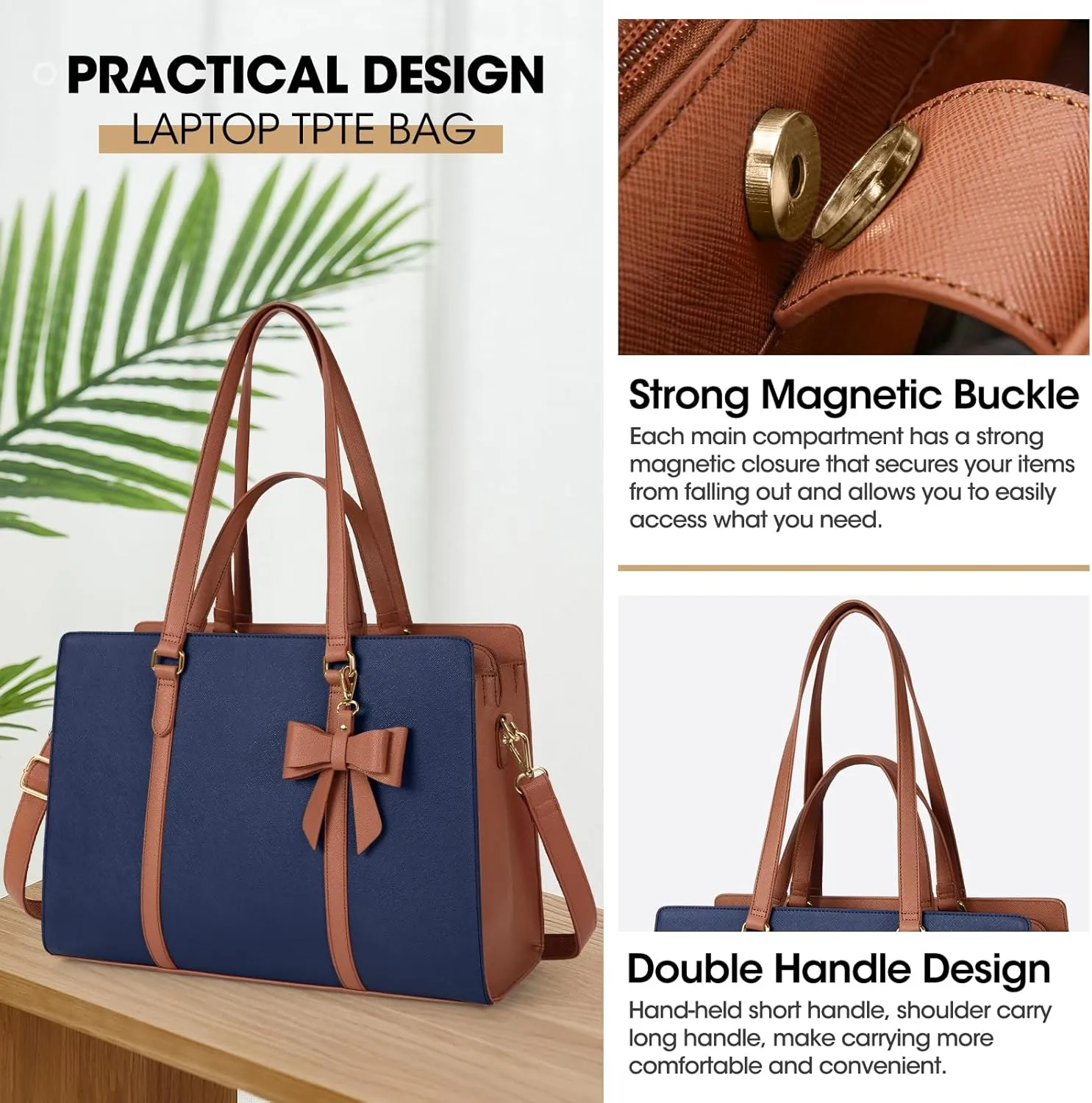 Laptop Bag for Women 15.6 inch Laptop Tote Bag Waterproof Leather Computer Bag Large Lightweight Briefcase Professional Business Office Work Bag, Blue Brown