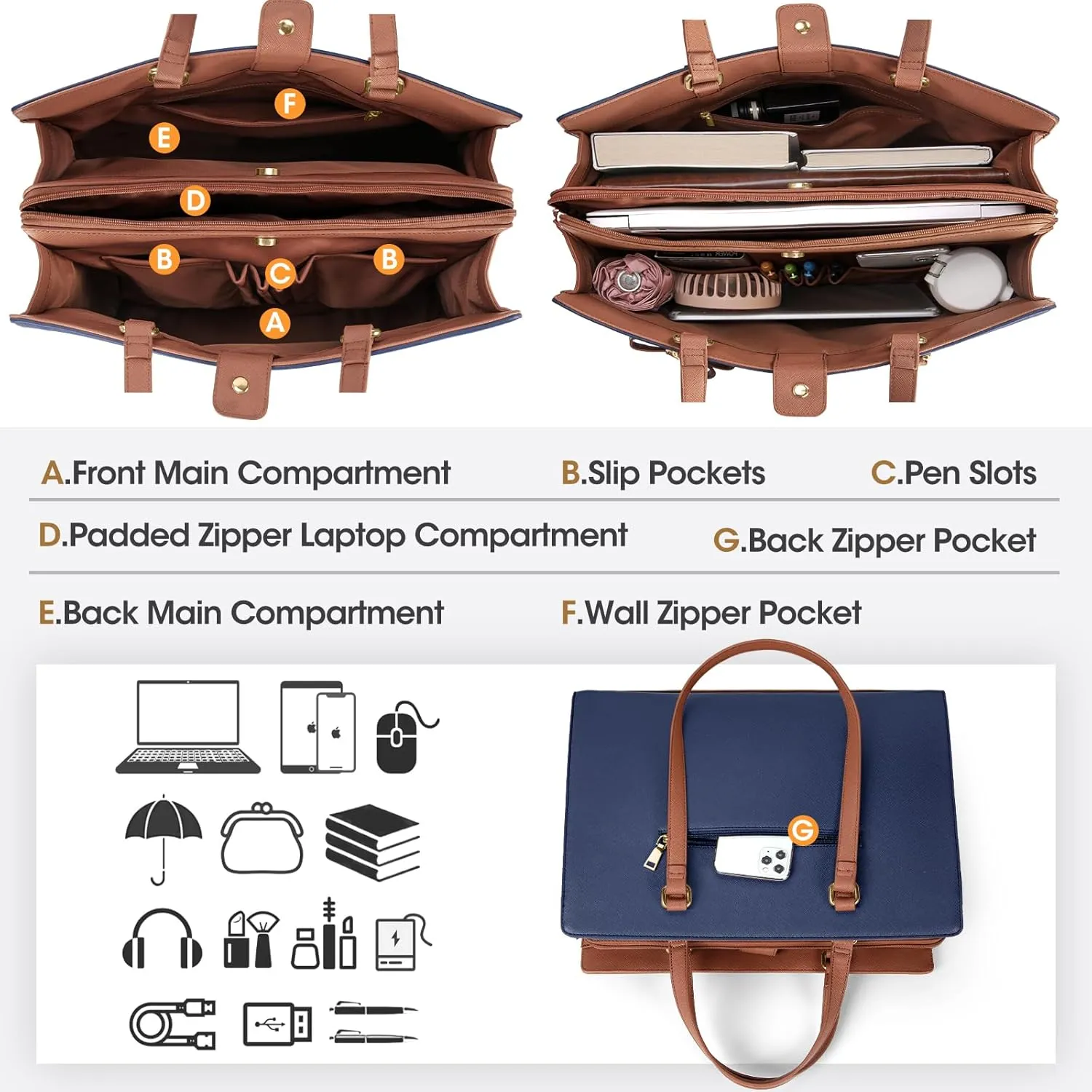 Laptop Bag for Women 15.6 inch Laptop Tote Bag Waterproof Leather Computer Bag Large Lightweight Briefcase Professional Business Office Work Bag, Blue Brown