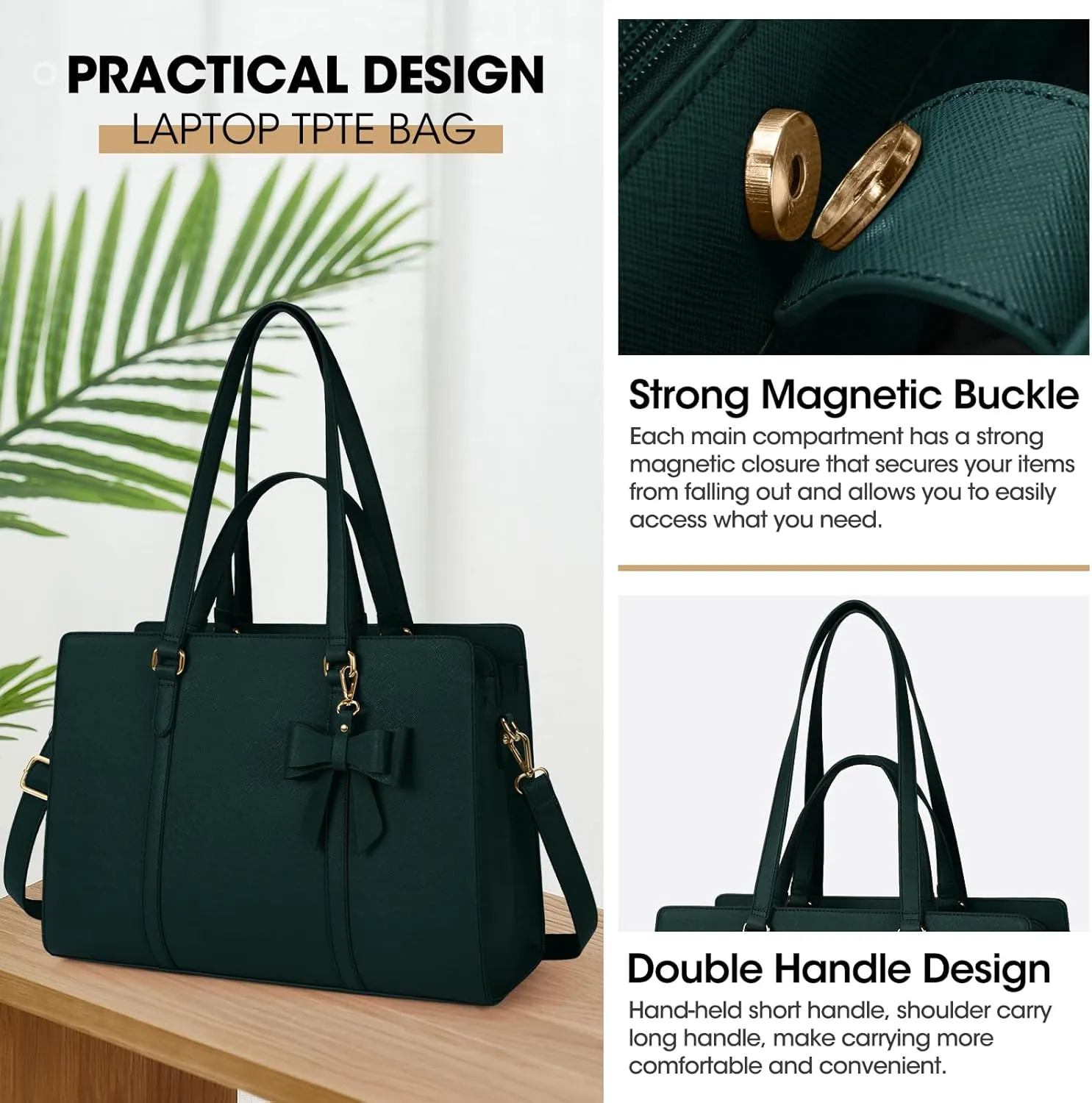 Laptop Bag for Women 15.6 inch Laptop Tote Bag Waterproof Leather Computer Bag Large Lightweight Briefcase Professional Business Work Bag Dark Green