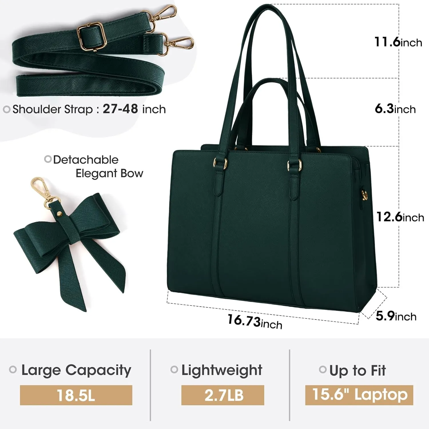 Laptop Bag for Women 15.6 inch Laptop Tote Bag Waterproof Leather Computer Bag Large Lightweight Briefcase Professional Business Work Bag Dark Green