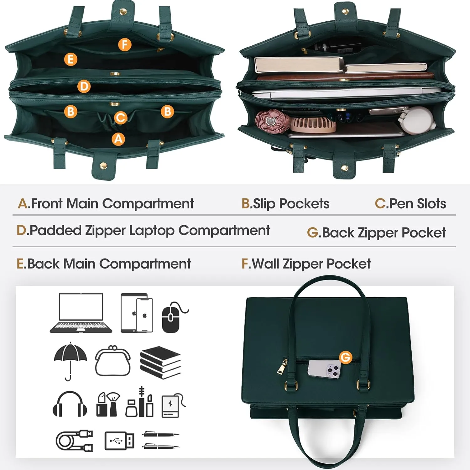 Laptop Bag for Women 15.6 inch Laptop Tote Bag Waterproof Leather Computer Bag Large Lightweight Briefcase Professional Business Work Bag Dark Green