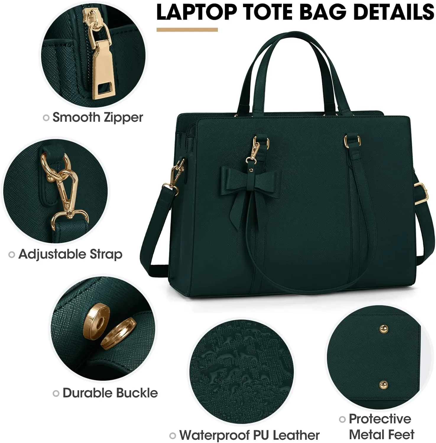 Laptop Bag for Women 15.6 inch Laptop Tote Bag Waterproof Leather Computer Bag Large Lightweight Briefcase Professional Business Work Bag Dark Green