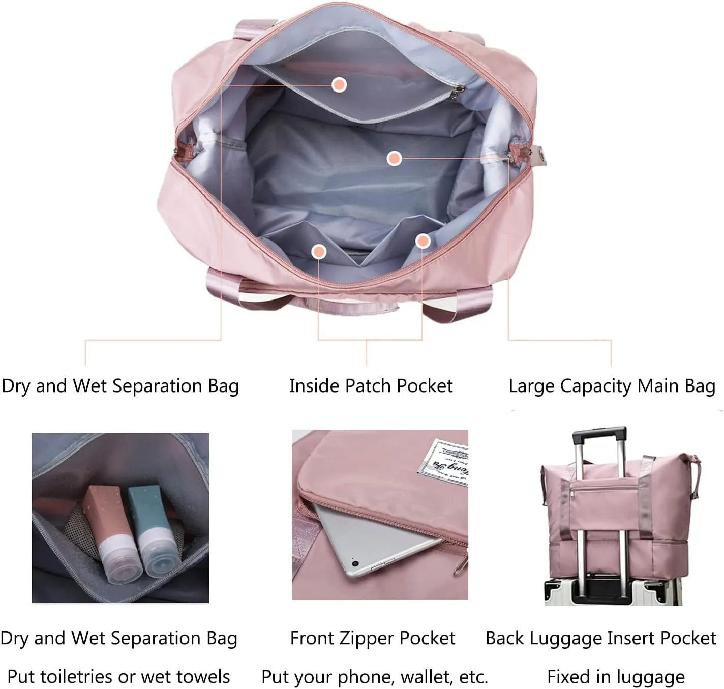 Large Capacity Travel Bag, Expandable Foldable Travel Duffel Bag, Dry and Wet Separation Portable Travel Duffel Bag, Overnight Bag for Women and Man (Purple)