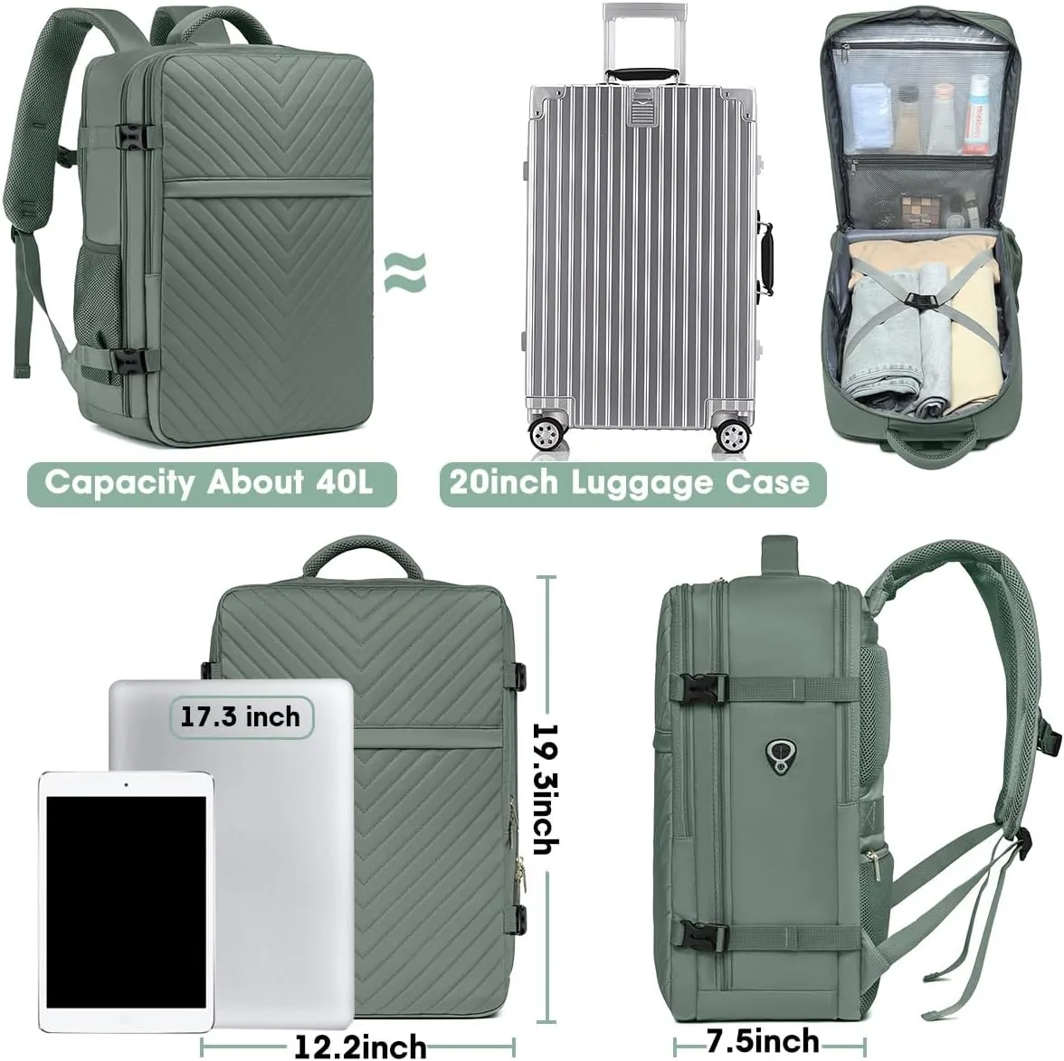 Large Carry On Travel Backpack - Flight Approved Waterproof Luggage Suitcase Backpacks Personal Item Size for Women Men Fit 17 Inch Laptop College Overnight Bag Anti-Theft Weekender Daypack Dark Green