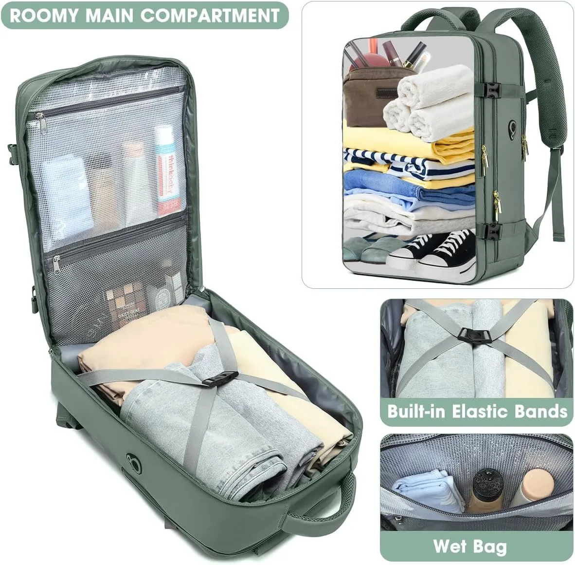 Large Carry On Travel Backpack - Flight Approved Waterproof Luggage Suitcase Backpacks Personal Item Size for Women Men Fit 17 Inch Laptop College Overnight Bag Anti-Theft Weekender Daypack Dark Green