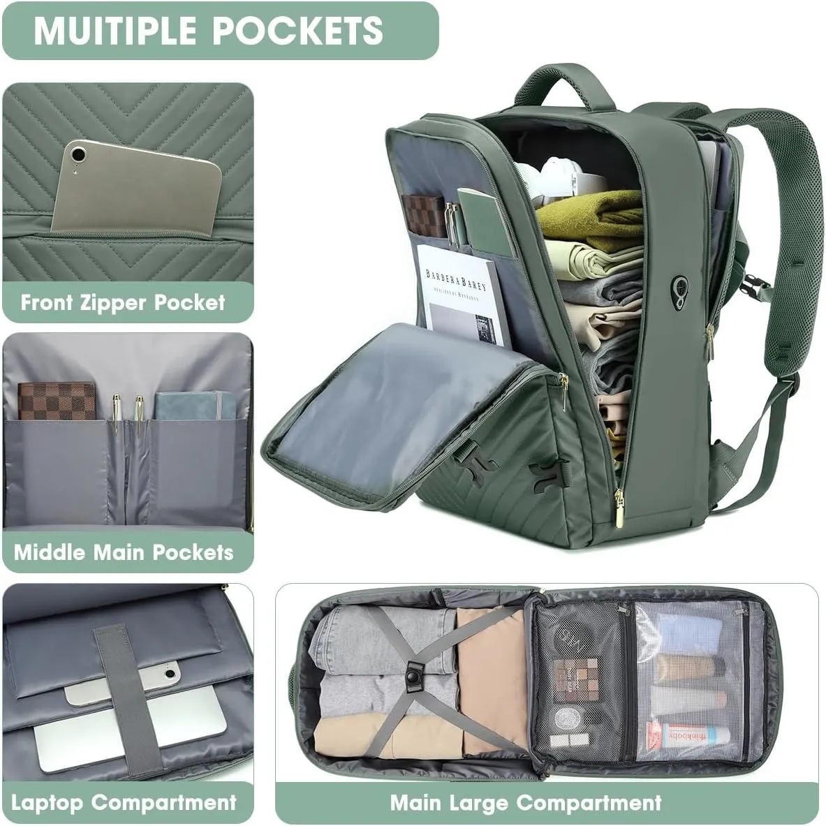 Large Carry On Travel Backpack - Flight Approved Waterproof Luggage Suitcase Backpacks Personal Item Size for Women Men Fit 17 Inch Laptop College Overnight Bag Anti-Theft Weekender Daypack Dark Green