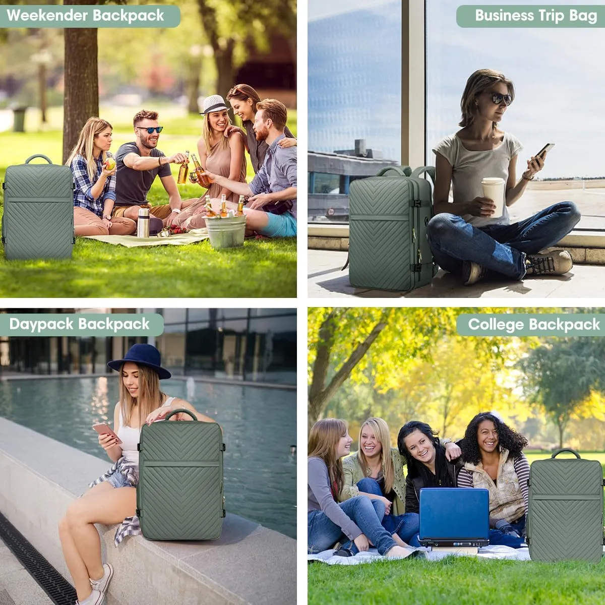 Large Carry On Travel Backpack - Flight Approved Waterproof Luggage Suitcase Backpacks Personal Item Size for Women Men Fit 17 Inch Laptop College Overnight Bag Anti-Theft Weekender Daypack Dark Green