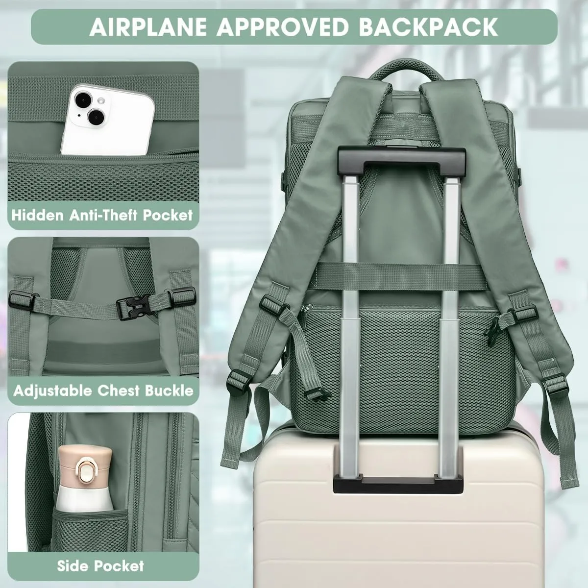 Large Carry On Travel Backpack - Flight Approved Waterproof Luggage Suitcase Backpacks Personal Item Size for Women Men Fit 17 Inch Laptop College Overnight Bag Anti-Theft Weekender Daypack Dark Green