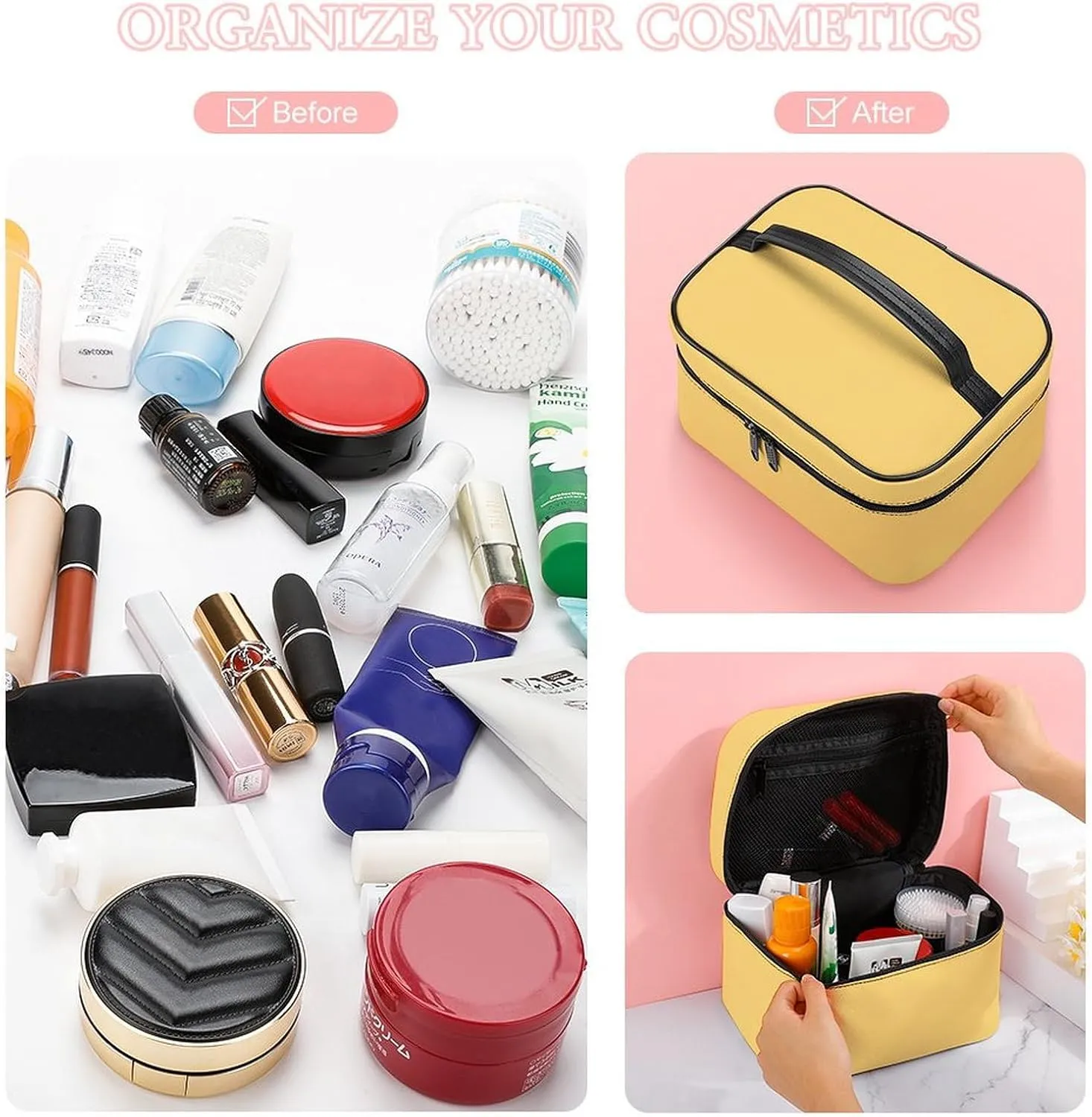 Large Makeup Bag, Solid Cream Yellow Cosmetic Bag for Women Girls, Portable Toiletry Bag, Travel Make Up Organizer Bag