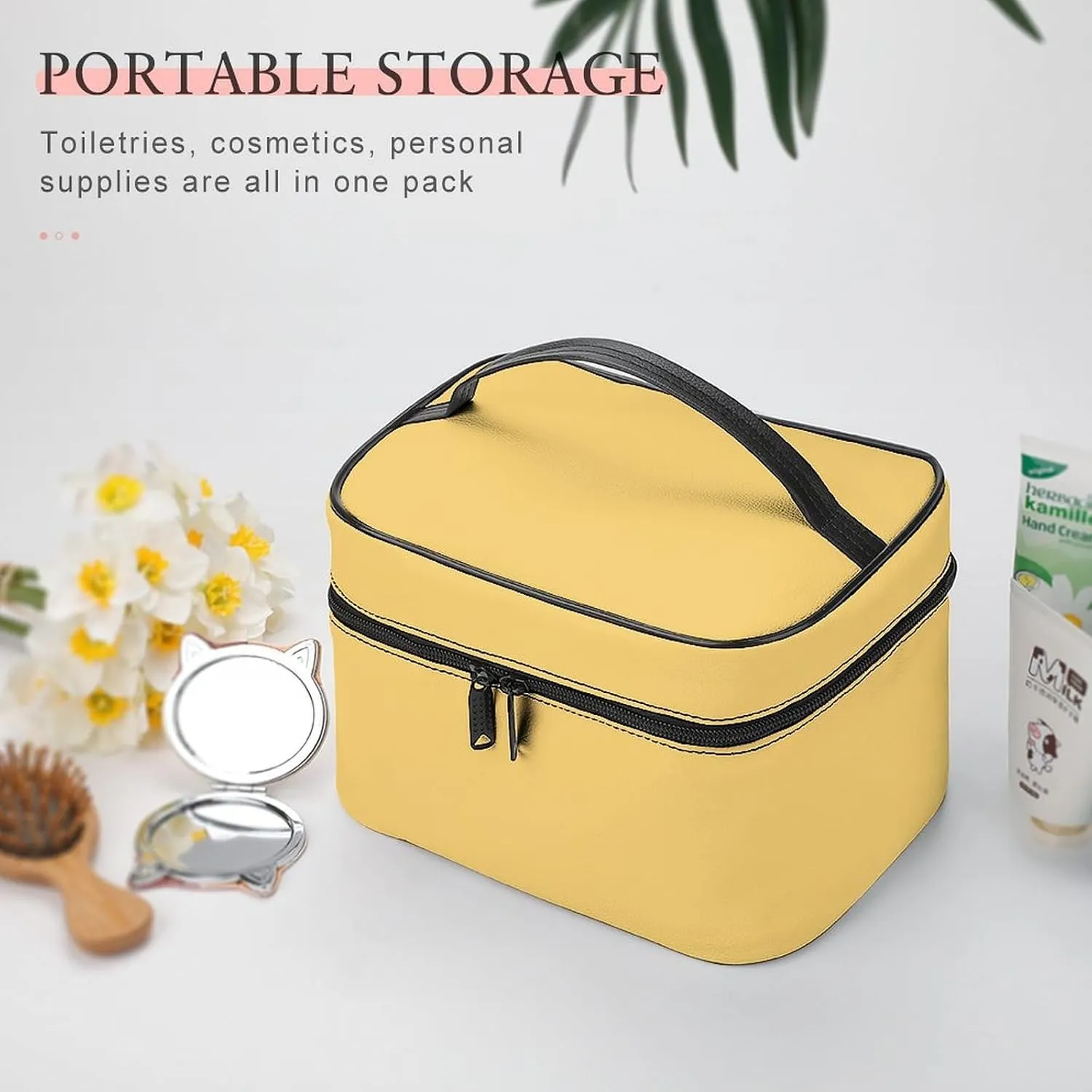 Large Makeup Bag, Solid Cream Yellow Cosmetic Bag for Women Girls, Portable Toiletry Bag, Travel Make Up Organizer Bag