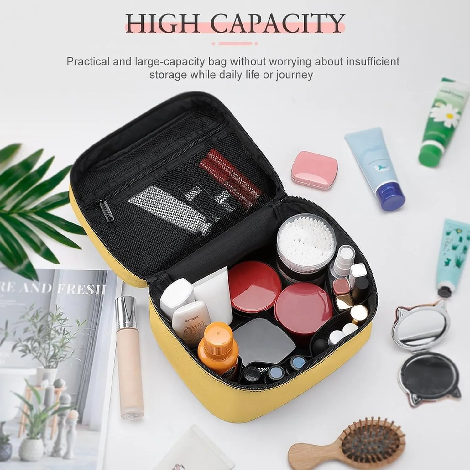 Large Makeup Bag, Solid Cream Yellow Cosmetic Bag for Women Girls, Portable Toiletry Bag, Travel Make Up Organizer Bag