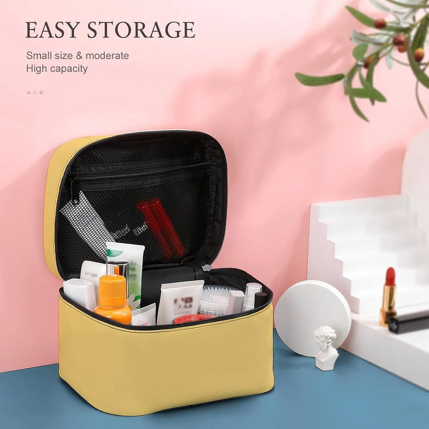 Large Makeup Bag, Solid Cream Yellow Cosmetic Bag for Women Girls, Portable Toiletry Bag, Travel Make Up Organizer Bag