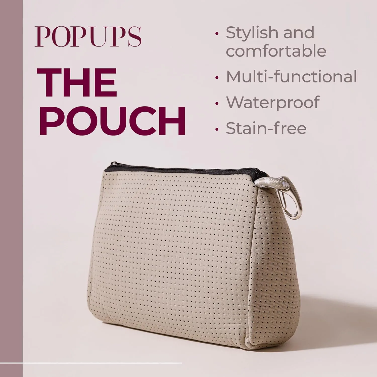 Large Makeup Bag with Zipper, Taupe - Waterproof Neoprene Cosmetic Bag 7.7 x 10.75 x 5 inches