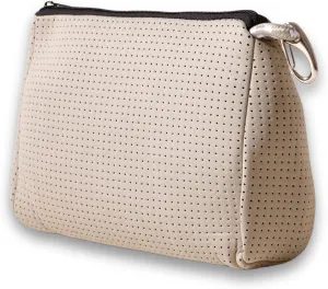 Large Makeup Bag with Zipper, Taupe - Waterproof Neoprene Cosmetic Bag 7.7 x 10.75 x 5 inches