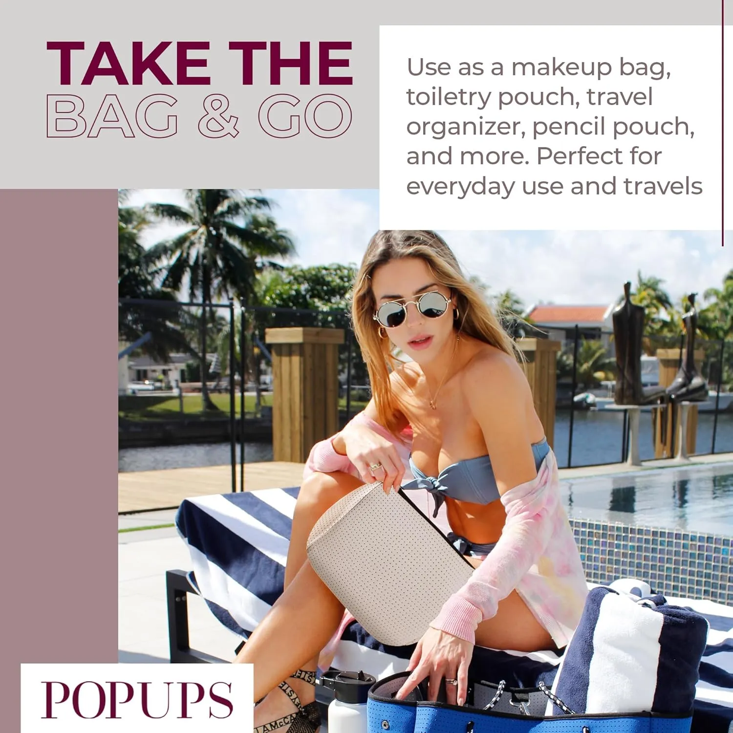 Large Makeup Bag with Zipper, Taupe - Waterproof Neoprene Cosmetic Bag 7.7 x 10.75 x 5 inches