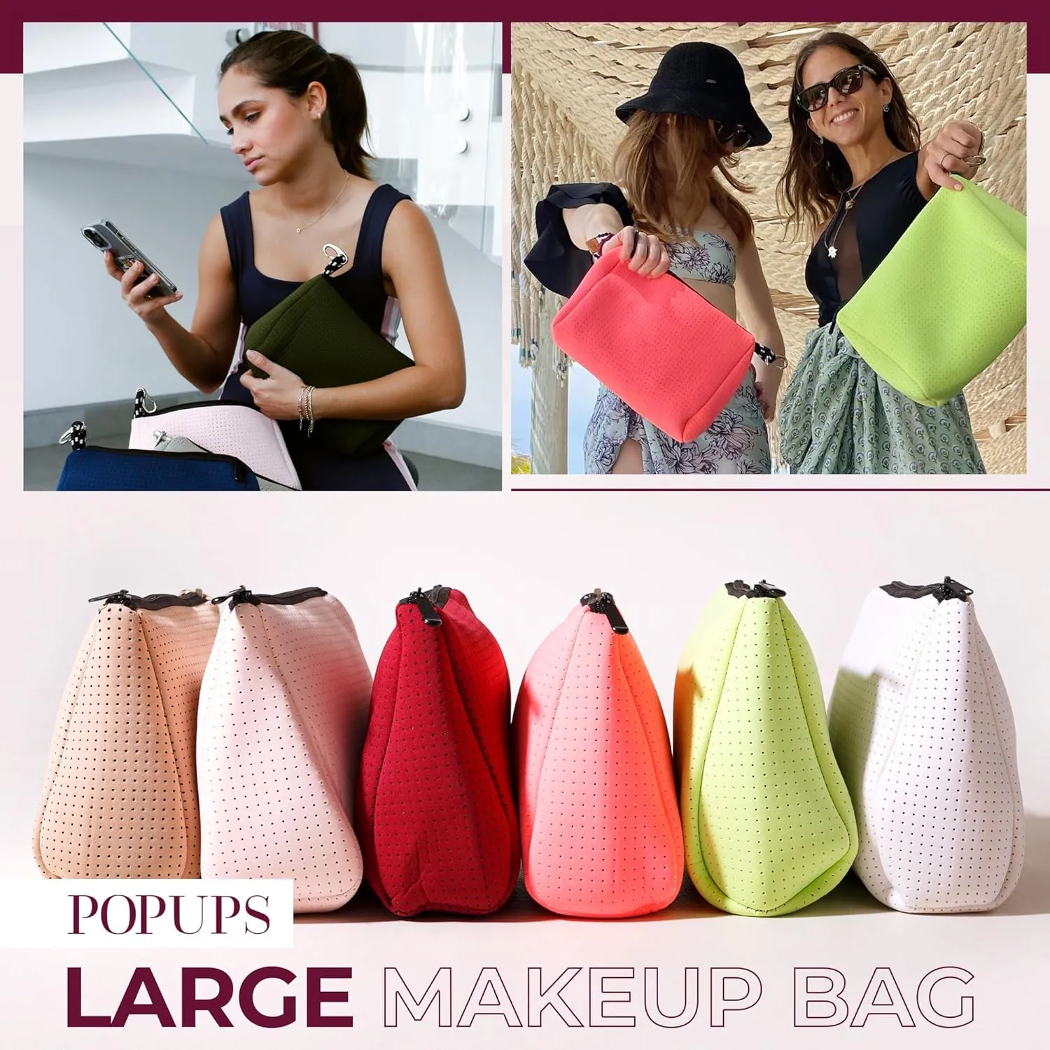 Large Makeup Bag with Zipper, Taupe - Waterproof Neoprene Cosmetic Bag 7.7 x 10.75 x 5 inches