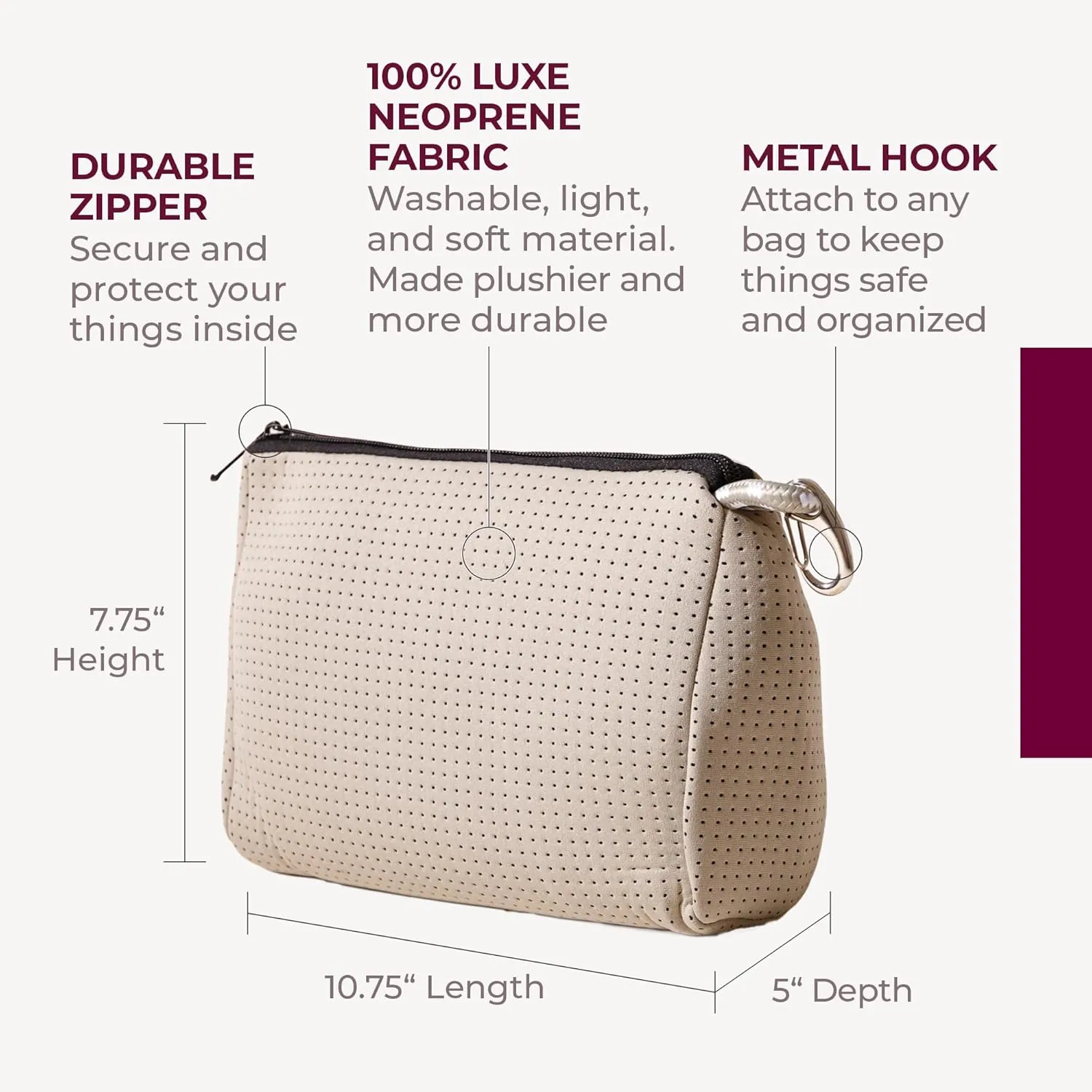 Large Makeup Bag with Zipper, Taupe - Waterproof Neoprene Cosmetic Bag 7.7 x 10.75 x 5 inches
